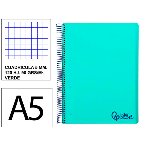Cuaderno espiral con tapas de polipropileno liderpapel serie wonder, din a5, 120 hj. 90 grs/m². 5x5 s/m. verde