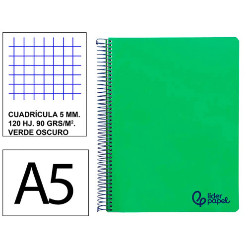 Cuaderno espiral con tapas de polipropileno liderpapel serie wonder, din a5, 120 hj. 90 grs/m². 5x5 s/m. verde oscuro