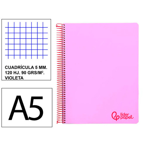 Cuaderno espiral con tapas de polipropileno liderpapel serie wonder, din a5, 120 hj. 90 grs/m². 5x5 s/m. violeta