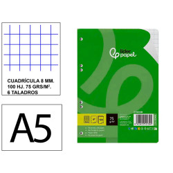 Recambio de anillas con 6 taladros liderpapel, din a5, 100 hj. 75 grs/m². 8x8 c/m.
