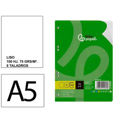 Recambio de anillas con 6 taladros liderpapel, din a5, 100 hj. 75 grs/m². liso s/m.