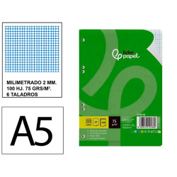 Recambio de anillas con 6 taladros liderpapel, din a5, 100 hj. 75 grs/m². milimetrado 2 mm. s/m.