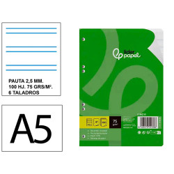 Recambio de anillas con 6 taladros liderpapel, din a5, 100 hj. 75 grs/m². pauta estrecha 2,5 mm. c/m.
