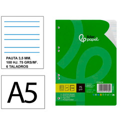 Recambio de anillas con 6 taladros liderpapel, din a5, 100 hj. 75 grs/m². pauta ancha 3,5 mm. c/m.