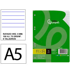Recambio de anillas con 6 taladros liderpapel, din a5, 100 hj. 75 grs/m². rayado horizontal 8 mm. c/m.