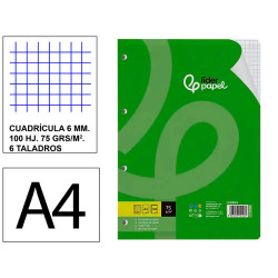 Recambio de anillas con 4 taladros liderpapel, din a4, 100 hj. 75 grs/m². 6x6 c/m.