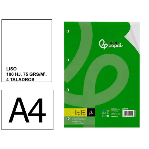 Recambio de anillas con 4 taladros liderpapel, din a4, 100 hj. 75 grs/m². liso s/m.