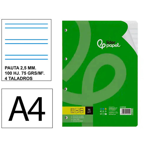 Recambio de anillas con 4 taladros liderpapel, din a4, 100 hj. 75 grs/m². pauta estrecha 2,5 mm. c/m.