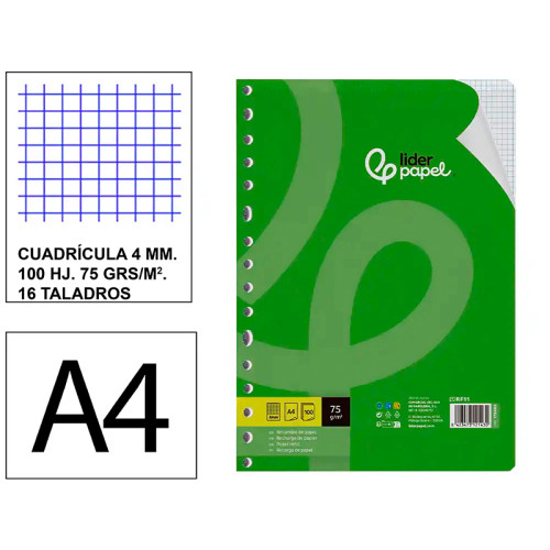 Recambio de anillas con 16 taladros liderpapel, din a4, 100 hj. 75 grs/m². 4x4 c/m.
