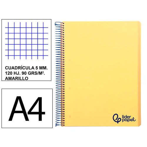 Cuaderno espiral con tapas de polipropileno liderpapel serie wonder, din a4, 120 hj. 90 grs/m². 5x5 s/m. amarillo