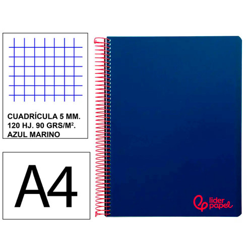 Cuaderno espiral con tapas de polipropileno liderpapel serie wonder, din a4, 120 hj. 90 grs/m². 5x5 s/m. azul marino