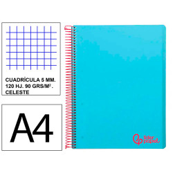 Cuaderno espiral con tapas de polipropileno liderpapel serie wonder, din a4, 120 hj. 90 grs/m². 5x5 s/m. celeste