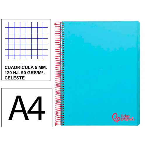 Cuaderno espiral con tapas de polipropileno liderpapel serie wonder, din a4, 120 hj. 90 grs/m². 5x5 s/m. celeste