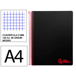 Cuaderno espiral con tapas de polipropileno liderpapel serie wonder, din a4, 120 hj. 90 grs/m². 5x5 s/m. negro