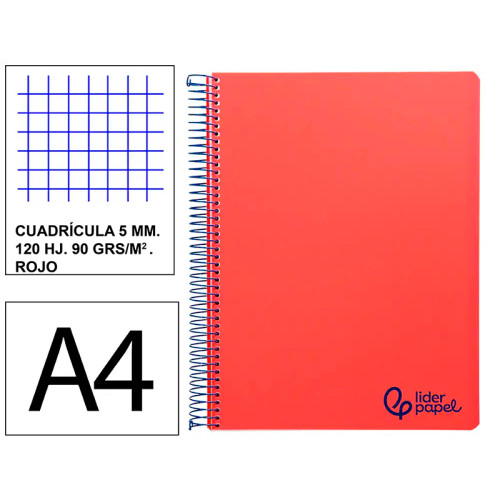 Cuaderno espiral con tapas de polipropileno liderpapel serie wonder, din a4, 120 hj. 90 grs/m². 5x5 s/m. rojo