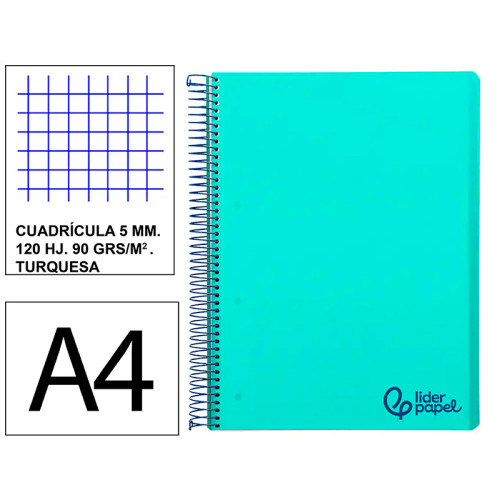 Cuaderno espiral con tapas de polipropileno liderpapel serie wonder, din a4, 120 hj. 90 grs/m². 5x5 s/m. verde