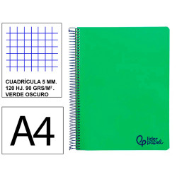 Cuaderno espiral con tapas de polipropileno liderpapel serie wonder, din a4, 120 hj. 90 grs/m². 5x5 s/m.verde oscuro