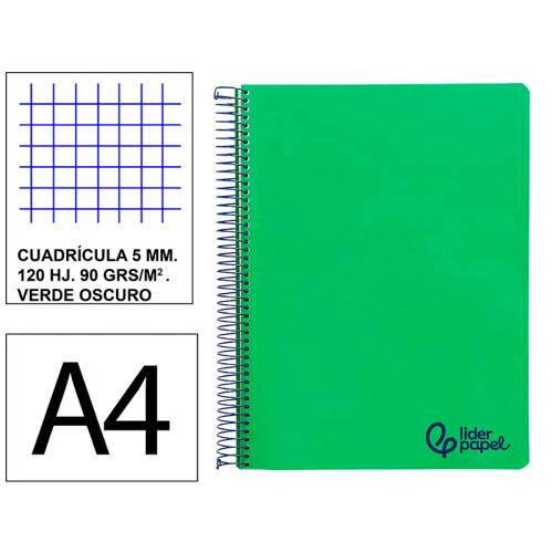 Cuaderno espiral con tapas de polipropileno liderpapel serie wonder, din a4, 120 hj. 90 grs/m². 5x5 s/m.verde oscuro
