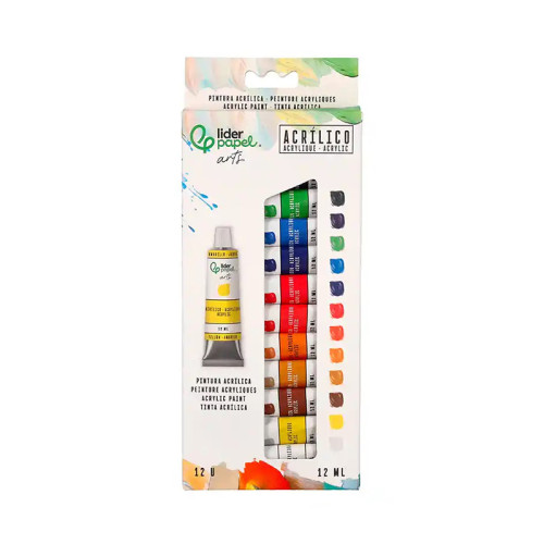 Pintura acrílica liderpapel, tubos de aluminio de 12 ml. caja de 12 colores surtidos