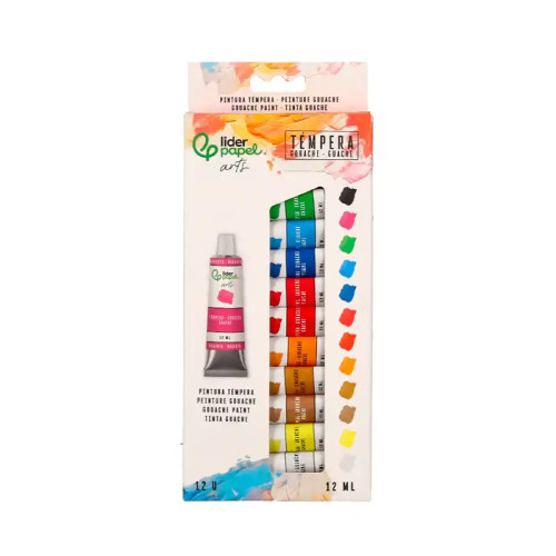 Témpera liderpapel, tubos de aluminio de 12 ml. caja de 12 colores surtidos