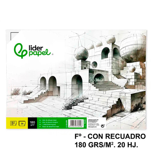 Bloc encolado de dibujo liderpapel lineal, fº, con recuadro, 180 grs/m². 20 hj.