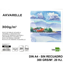 Bloc encolado de dibujo para acuarela liderpapel, din a4, sin recuadro, 300 grs/m². 20 hj.