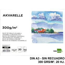 Bloc encolado de dibujo para acuarela liderpapel, din a3, sin recuadro, 300 grs/m². 20 hj.