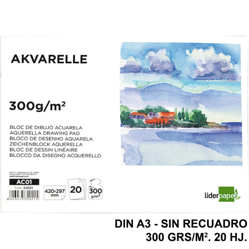 Bloc encolado de dibujo para acuarela liderpapel, din a3, sin recuadro, 300 grs/m². 20 hj.