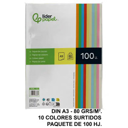 Papel liderpapel color, din a3, 80 grs/m². 10 colores surtidos, paquete de 100 hojas
