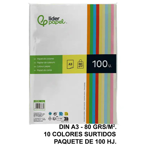 Papel liderpapel color, din a3, 80 grs/m². 10 colores surtidos, paquete de 100 hojas
