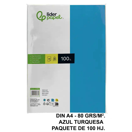Papel liderpapel color, din a4, 80 grs/m². azul turquesa, paquete de 100 hojas