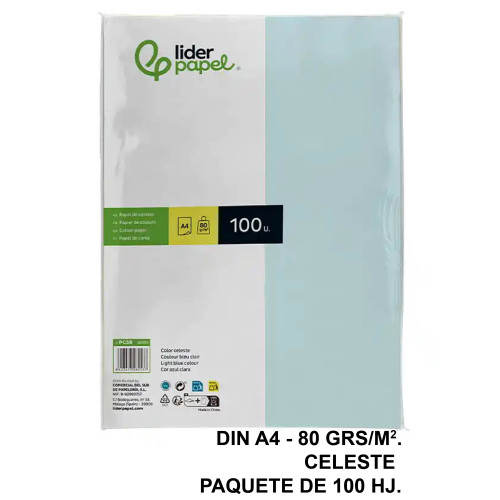 Papel liderpapel color, din a4, 80 grs/m². celeste, paquete de 100 hojas