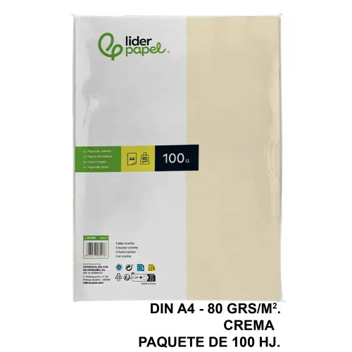 Papel liderpapel color, din a4, 80 grs/m². crema, paquete de 100 hojas