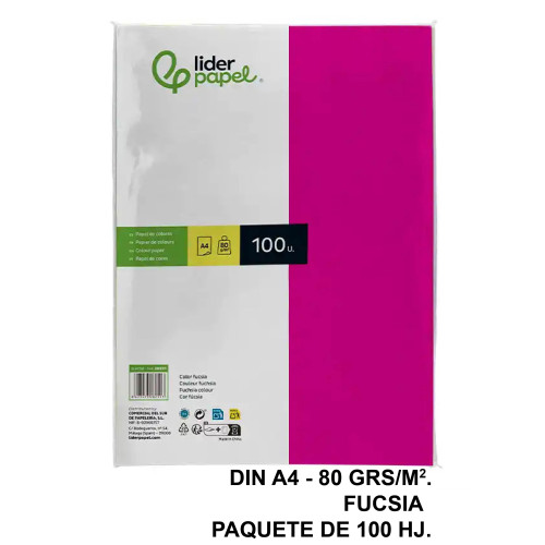 Papel liderpapel color, din a4, 80 grs/m². fucsia, paquete de 100 hojas