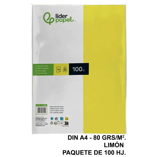 Papel liderpapel color, din a4, 80 grs/m². limón, paquete de 100 hojas