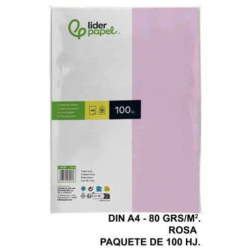 Papel liderpapel color, din a4, 80 grs/m². rosa, paquete de 100 hojas