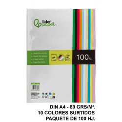 Papel liderpapel color, din a4, 80 grs/m². 10 colores surtidos, paquete de 100 hojas