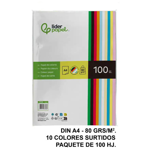 Papel liderpapel color, din a4, 80 grs/m². 10 colores surtidos, paquete de 100 hojas