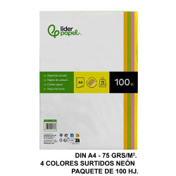 Papel liderpapel color, din a4, 75 grs/m². 4 colores surtidos neón, paquete de 100 hojas