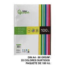 Papel liderpapel color, din a4, 80 grs/m². 25 colores surtidos, paquete de 100 hojas