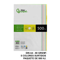 Papel liderpapel color, din a4, 80 grs/m². 5 colores surtidos, paquete de 500 hojas