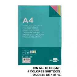 Papel liderpapel color, din a4, 80 grs/m². 4 colores surtidos, paquete de 100 hojas