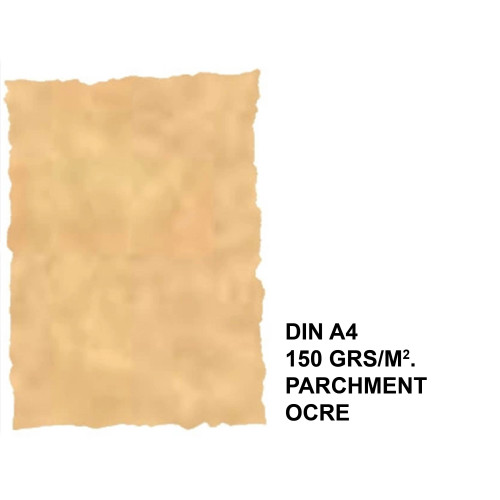 Papel pergamino con bordes troquelados michel en formato din a-4 de 150 grs/m². color parchment ocre, paquete de 25 hojas.