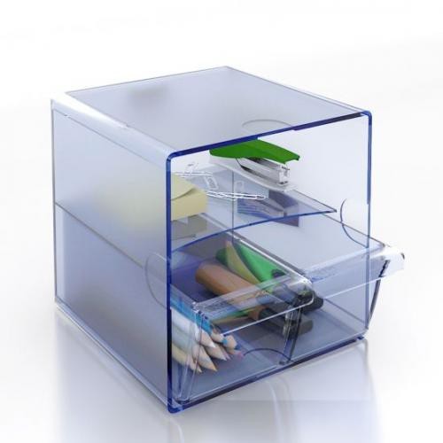 Organizador modular archivo 2000 con 2 cajones pequeños en azul transparente.