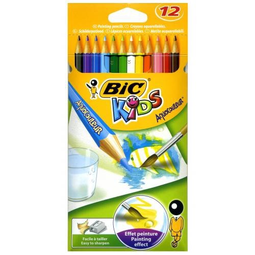 Lápiz de color acuarelable bic kids aquacouleur en colores surtidos, estuche de 12 uds.