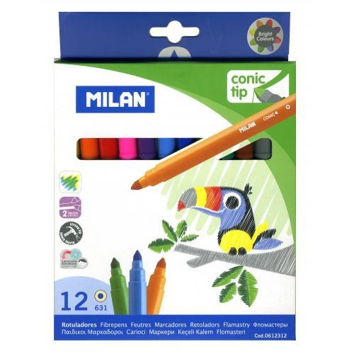 Rotulador escolar milan conic tip, colores surtidos, estuche de 12 uds.