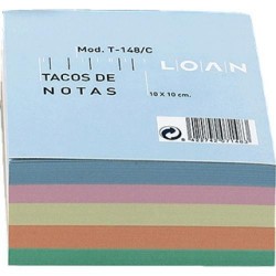 Taco de notas encolado loan en 5 colores surtidos de 100x100 mm.