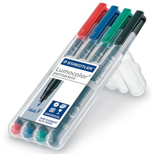 Rotulador permanente staedtler lumocolor 318 f 0,6 mm. en colores surtidos, estuche de 4 uds.