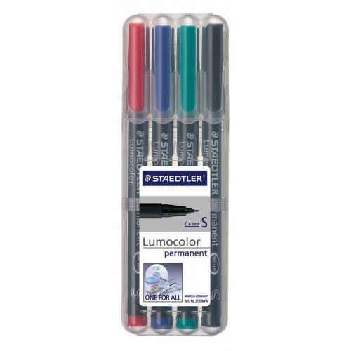 Rotulador permanente staedtler lumocolor 313 s 0,4 mm. colores surtidos, estuche de 4 uds.