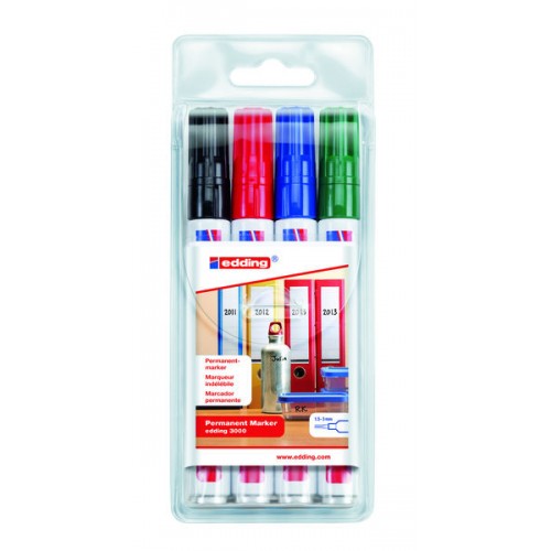 Marcador permanente edding 3000, colores surtidos, estuche de 4 uds.